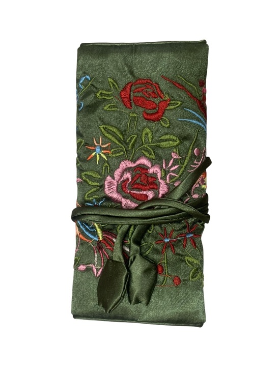 Jewelry - Embroidered Jewelry Roll in Luxurious Green Satin - New